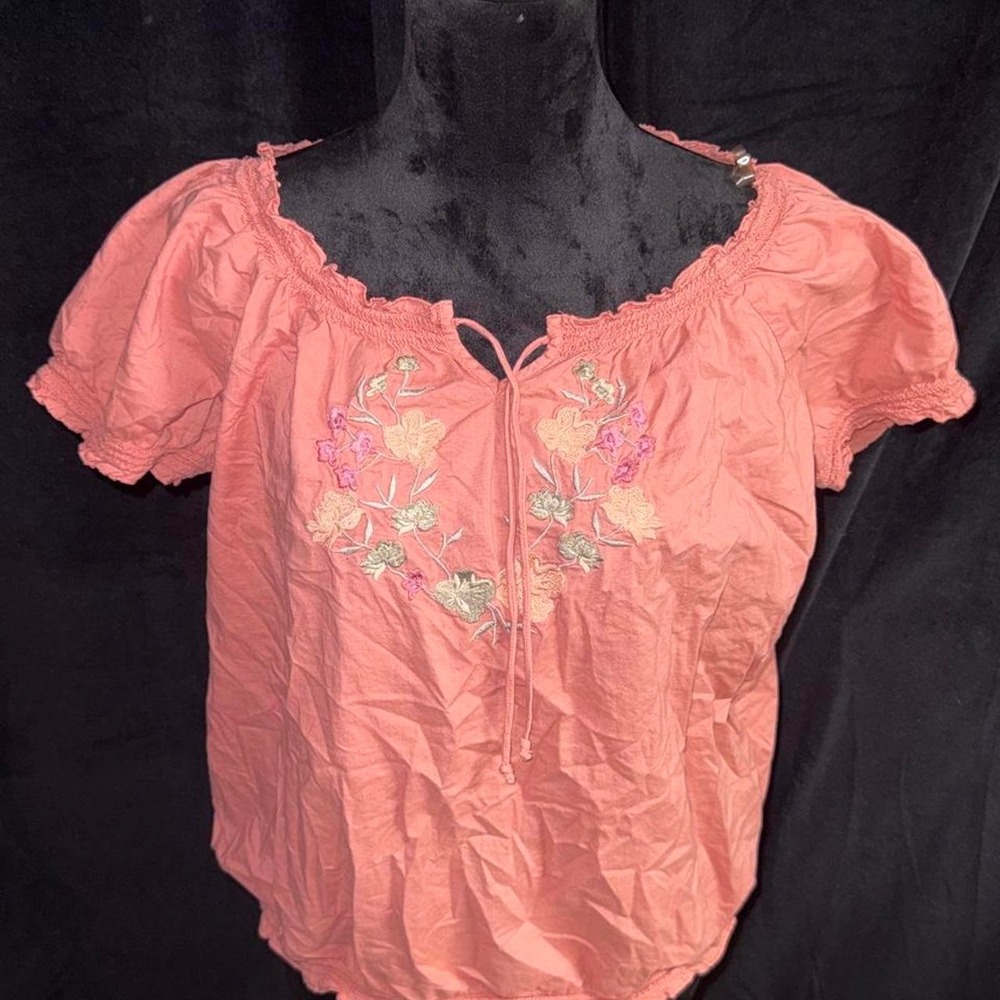 Sonoma Life Style Coral Pink Floral Embroidered Peasant Blouse Petite XL Boho